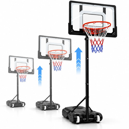Cos de Baschet pentru Copii Inaltime Reglabila 160-210 Cm, Roti pentru Transport, Baza Stabila cu Umplere Apa/Nisip, Structura Anti-Rasturnare, Suport Minge, Panou Rezistent, Inel Ø38 cm, pentru Interior si Exterior