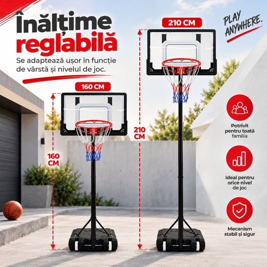Cos de Baschet pentru Copii Inaltime Reglabila 160-210 Cm, Roti pentru Transport, Baza Stabila cu Umplere Apa/Nisip, Structura Anti-Rasturnare, Suport Minge, Panou Rezistent, Inel Ø38 cm, pentru Interior si Exterior