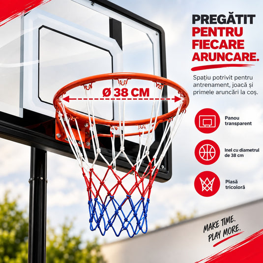 Cos de Baschet pentru Copii Inaltime Reglabila 160-210 Cm, Roti pentru Transport, Baza Stabila cu Umplere Apa/Nisip, Structura Anti-Rasturnare, Suport Minge, Panou Rezistent, Inel Ø38 cm, pentru Interior si Exterior