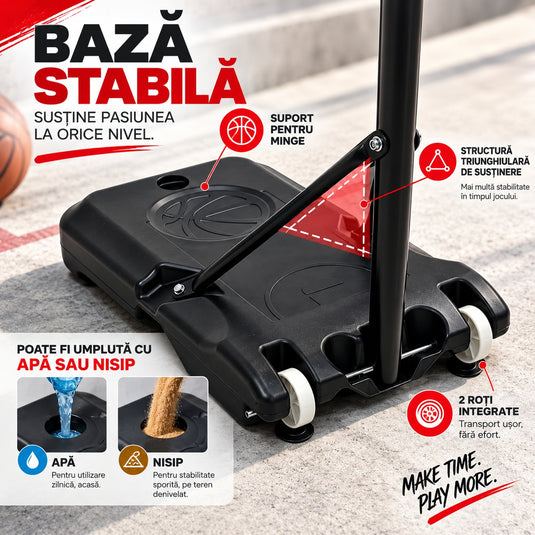 Cos de Baschet pentru Copii Inaltime Reglabila 160-210 Cm, Roti pentru Transport, Baza Stabila cu Umplere Apa/Nisip, Structura Anti-Rasturnare, Suport Minge, Panou Rezistent, Inel Ø38 cm, pentru Interior si Exterior