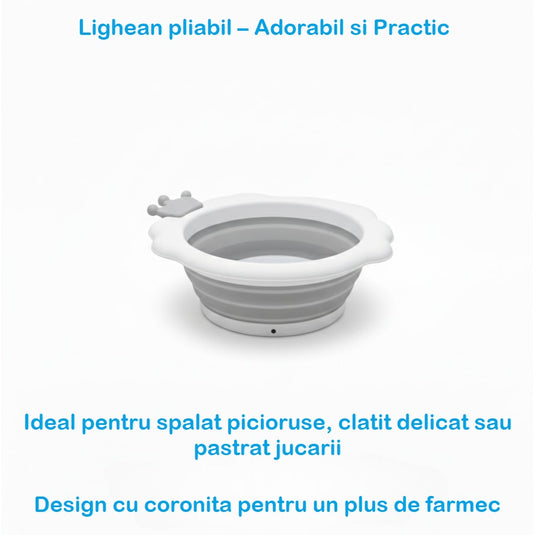 Set Complet de Baie 7in1 SplashUP® Cadita Termica Pliabila pentru Bebelusi cu Suport, Hamac, Termometru Digital Incorporat, Galetusa, Cana, Casca, Suport Cap de Dus, Orificiu Scurgere, Antiderapant, Grey Lagoon