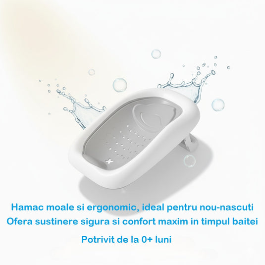 Set Complet de Baie 7in1 SplashUP® Cadita Termica Pliabila pentru Bebelusi cu Suport, Hamac, Termometru Digital Incorporat, Galetusa, Cana, Casca, Suport Cap de Dus, Orificiu Scurgere, Antiderapant, Grey Lagoon