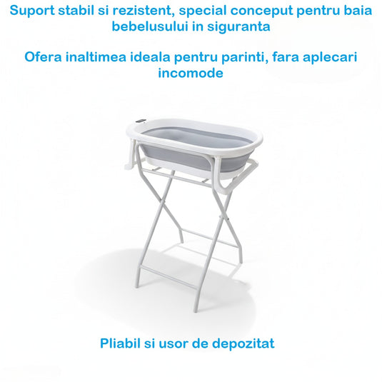 Set Complet de Baie 7in1 SplashUP® Cadita Termica Pliabila pentru Bebelusi cu Suport, Hamac, Termometru Digital Incorporat, Galetusa, Cana, Casca, Suport Cap de Dus, Orificiu Scurgere, Antiderapant, Grey Lagoon