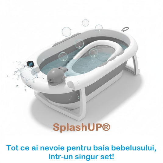 Set Complet de Baie 7in1 SplashUP® Cadita Termica Pliabila pentru Bebelusi cu Suport, Hamac, Termometru Digital Incorporat, Galetusa, Cana, Casca, Suport Cap de Dus, Orificiu Scurgere, Antiderapant, Grey Lagoon