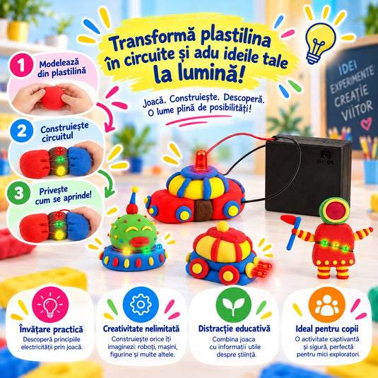 Kit STEM de Experimente cu Circuite Electrice CircuitLab Builder™ cu Plastilina Conductiva si Izolatoare, LED-uri Colorate, Suport pentru Baterii, Fire de Conectare, Ghid Ilustrat, Educational si Interactiv, 8+ Ani