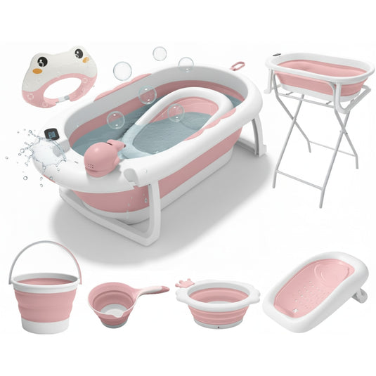 Set Complet de Baie 7in1 SplashUP® Cadita Termica Pliabila pentru Bebelusi cu Suport, Hamac, Termometru Digital Incorporat, Galetusa, Cana, Casca, Suport Cap de Dus, Orificiu Scurgere, Antiderapant, Pink Lagoon
