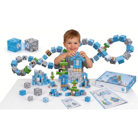 Set de Constructie SmartBlocks Indiggo@, Include 124 de Piese, Joc Educativ 3D pentru Copii, Constructii STEM, Blocuri Magnetice Rezistente, Cuburi Magnetice Colorate, Dezvoltare Creativitate si Gandire Logica, 3 Ani+, Blue