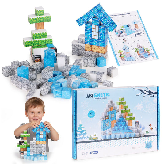 Set de Constructie SmartBlocks Indiggo@, Include 124 de Piese, Joc Educativ 3D pentru Copii, Constructii STEM, Blocuri Magnetice Rezistente, Cuburi Magnetice Colorate, Dezvoltare Creativitate si Gandire Logica, 3 Ani+, Blue