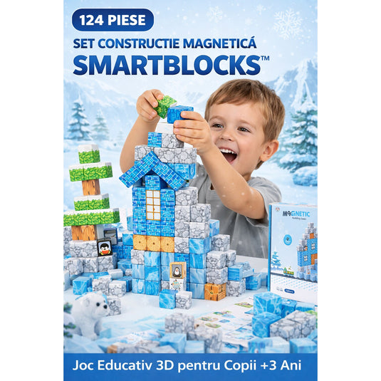 Set de Constructie SmartBlocks Indiggo@, Include 124 de Piese, Joc Educativ 3D pentru Copii, Constructii STEM, Blocuri Magnetice Rezistente, Cuburi Magnetice Colorate, Dezvoltare Creativitate si Gandire Logica, 3 Ani+, Blue