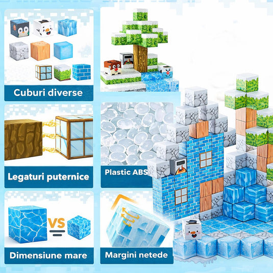 Set de Constructie SmartBlocks Indiggo@, Include 124 de Piese, Joc Educativ 3D pentru Copii, Constructii STEM, Blocuri Magnetice Rezistente, Cuburi Magnetice Colorate, Dezvoltare Creativitate si Gandire Logica, 3 Ani+, Blue