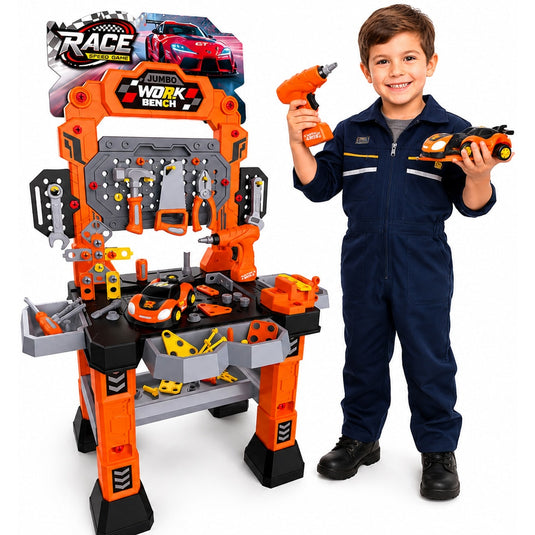 Set Banc de Lucru Interactiv cu Bormasina Electrica TurbooTool™ Max 120+ Piese, Masina de Curse Demontabila, Lumini si Sunete, Centru Inginerie si Service Auto, Panou de Scule, Abilitati STEM, Rafturi Organizare, Orange