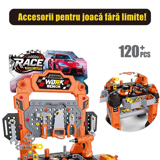 Set Banc de Lucru Interactiv cu Bormasina Electrica TurbooTool™ Max 120+ Piese, Masina de Curse Demontabila, Lumini si Sunete, Centru Inginerie si Service Auto, Panou de Scule, Abilitati STEM, Rafturi Organizare, Orange