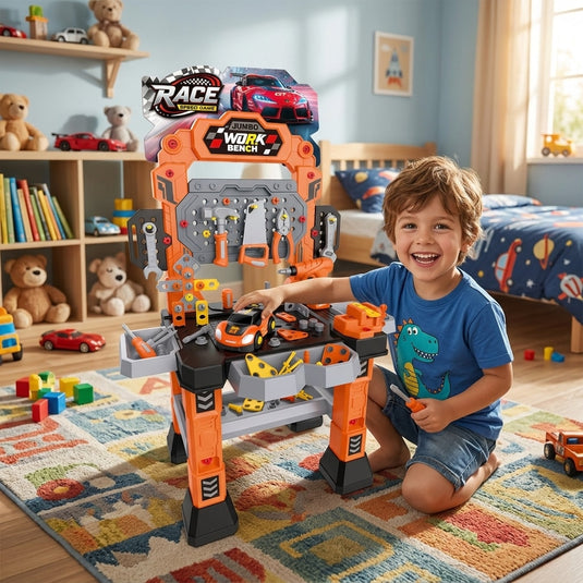 Set Banc de Lucru Interactiv cu Bormasina Electrica TurbooTool™ Max 120+ Piese, Masina de Curse Demontabila, Lumini si Sunete, Centru Inginerie si Service Auto, Panou de Scule, Abilitati STEM, Rafturi Organizare, Orange