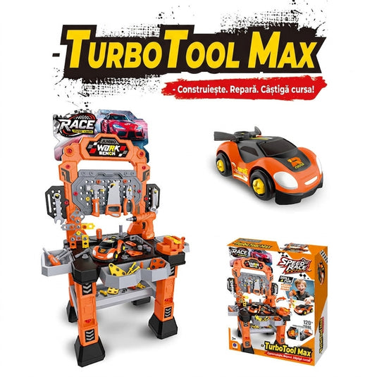Set Banc de Lucru Interactiv cu Bormasina Electrica TurbooTool™ Max 120+ Piese, Masina de Curse Demontabila, Lumini si Sunete, Centru Inginerie si Service Auto, Panou de Scule, Abilitati STEM, Rafturi Organizare, Orange