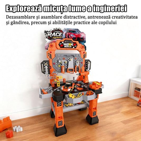 Set Banc de Lucru Interactiv cu Bormasina Electrica TurbooTool™ Max 120+ Piese, Masina de Curse Demontabila, Lumini si Sunete, Centru Inginerie si Service Auto, Panou de Scule, Abilitati STEM, Rafturi Organizare, Orange