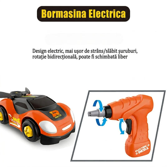 Set Banc de Lucru Interactiv cu Bormasina Electrica TurbooTool™ Max 120+ Piese, Masina de Curse Demontabila, Lumini si Sunete, Centru Inginerie si Service Auto, Panou de Scule, Abilitati STEM, Rafturi Organizare, Orange