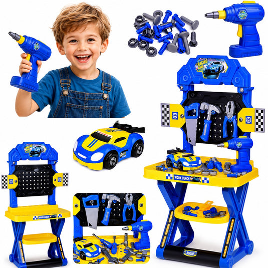 Set Banc de Lucru Interactiv cu Bormasina Electrica TurbooTool™ Max 120+ Piese, Masina de Curse Demontabila, Lumini si Sunete, Centru Inginerie si Service Auto, Panou de Scule, Abilitati STEM, Rafturi Organizare, Orange
