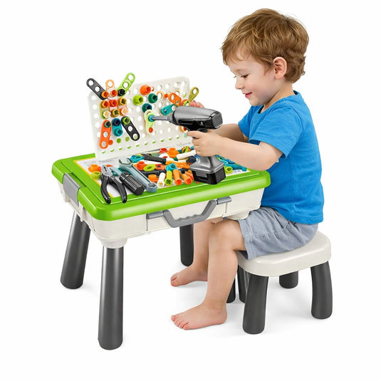 Set Banc de Lucru Interactiv cu Bormasina Electrica TurbooTool™ Max 120+ Piese, Masina de Curse Demontabila, Lumini si Sunete, Centru Inginerie si Service Auto, Panou de Scule, Abilitati STEM, Rafturi Organizare, Orange