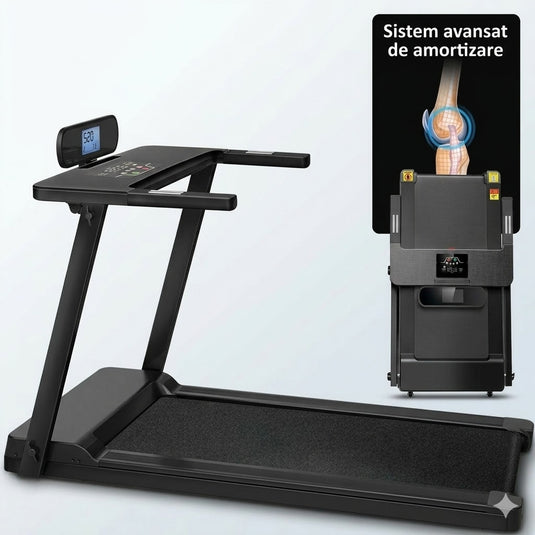 Mini Banda Electrica 2in1 Plimbare/Alergare KangoFit™ PRO Pliabila, Ecran LCD, Bluetooth, Suport Tableta/Telefon, Motor 2CP Ultra Silentios, 12 Programe, Viteza 1-14 km/h, Sistem Absorbtie Socuri, Banda in 5 Straturi, Roti Transport, Black