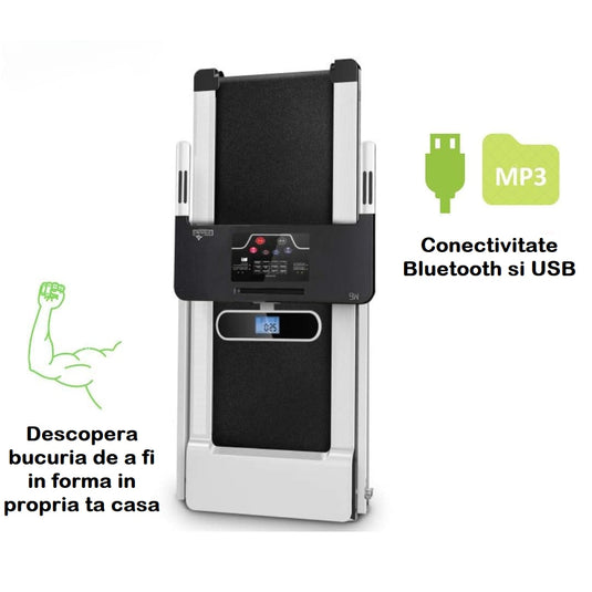 Mini Banda Electrica 2in1 Plimbare/Alergare KangoFit™ PRO Pliabila, Ecran LCD, Bluetooth, Suport Tableta/Telefon, Motor 2CP Ultra Silentios, 12 Programe, Viteza 1-14 km/h, Sistem Absorbtie Socuri, Banda in 5 Straturi, Roti Transport, Black