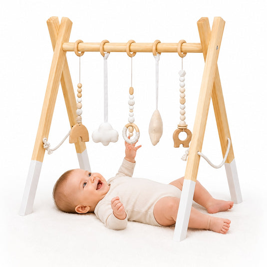 Centru de Activitati pentru Bebelusi HandsUP™ din Lemn Natural, 5 Jucarii Senzoriale, Educational si Multifunctional, Pliabil, Structura Stabila, Joaca si Explorare, Dezvoltare Motorie si Coordonare, 0+ Luni, Vanilla Wood