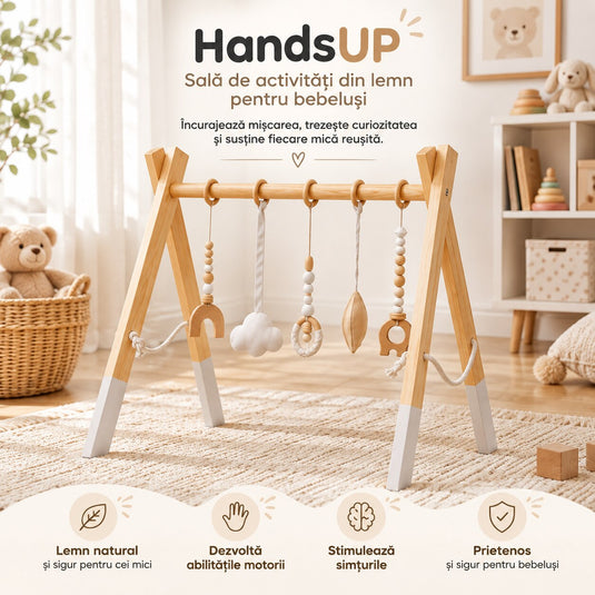 Centru de Activitati pentru Bebelusi HandsUP™ din Lemn Natural, 5 Jucarii Senzoriale, Educational si Multifunctional, Pliabil, Structura Stabila, Joaca si Explorare, Dezvoltare Motorie si Coordonare, 0+ Luni, Vanilla Wood