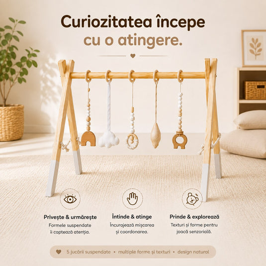 Centru de Activitati pentru Bebelusi HandsUP™ din Lemn Natural, 5 Jucarii Senzoriale, Educational si Multifunctional, Pliabil, Structura Stabila, Joaca si Explorare, Dezvoltare Motorie si Coordonare, 0+ Luni, Vanilla Wood