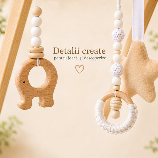 Centru de Activitati pentru Bebelusi HandsUP™ din Lemn Natural, 5 Jucarii Senzoriale, Educational si Multifunctional, Pliabil, Structura Stabila, Joaca si Explorare, Dezvoltare Motorie si Coordonare, 0+ Luni, Vanilla Wood