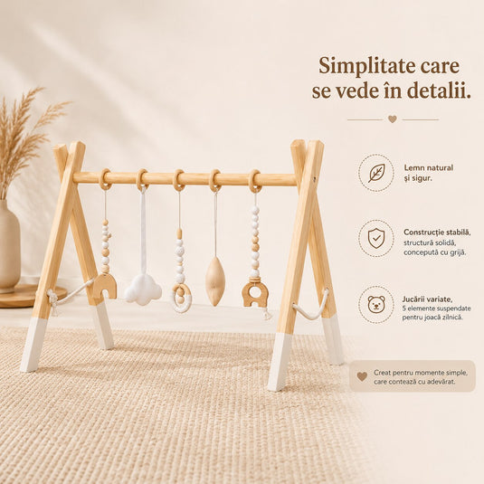 Centru de Activitati pentru Bebelusi HandsUP™ din Lemn Natural, 5 Jucarii Senzoriale, Educational si Multifunctional, Pliabil, Structura Stabila, Joaca si Explorare, Dezvoltare Motorie si Coordonare, 0+ Luni, Vanilla Wood