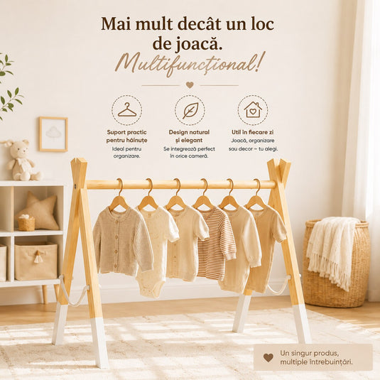 Centru de Activitati pentru Bebelusi HandsUP™ din Lemn Natural, 5 Jucarii Senzoriale, Educational si Multifunctional, Pliabil, Structura Stabila, Joaca si Explorare, Dezvoltare Motorie si Coordonare, 0+ Luni, Vanilla Wood
