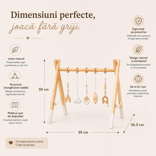 Centru de Activitati pentru Bebelusi HandsUP™ din Lemn Natural, 5 Jucarii Senzoriale, Educational si Multifunctional, Pliabil, Structura Stabila, Joaca si Explorare, Dezvoltare Motorie si Coordonare, 0+ Luni, Vanilla Wood