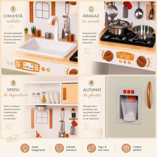 Set Bucatarie pentru Copii din Lemn Natural, FrenchCuisine GREEN KIDO, Iluminare LED si Sunete, Elemente Detasabile, Set Ustensile, Cuptor cu Butoane, Telefon, Plita, Microunde, Chiuveta, 80.5 CM Inaltime, Green