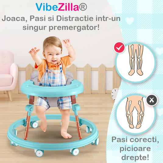 Premergator Multifunctional 3in1 VibeZilla® Scaun de Masa si Jumper, Panou Detasabil Muzical cu Jucarii, Inaltime Reglabila, Pliabil, Perna Moale si Respirabila, Roti Silentioase 360°, Suport Picioare, Design Ranforsat, Anti-Rasturnare, Mint Green