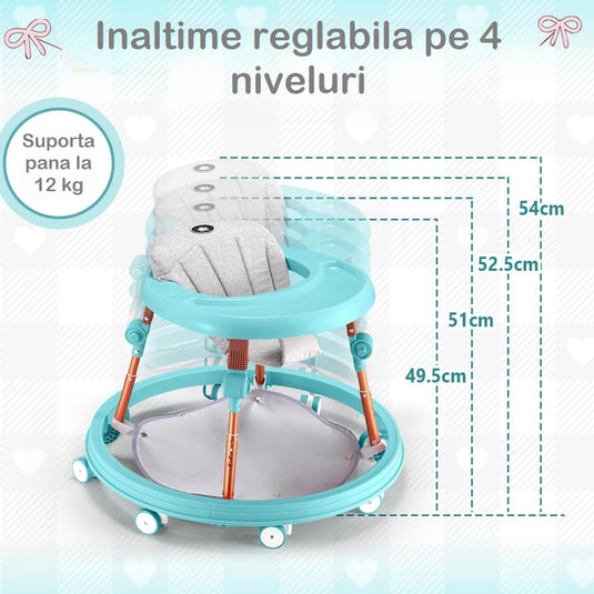 Premergator Multifunctional 3in1 VibeZilla® Scaun de Masa si Jumper, Panou Detasabil Muzical cu Jucarii, Inaltime Reglabila, Pliabil, Perna Moale si Respirabila, Roti Silentioase 360°, Suport Picioare, Design Ranforsat, Anti-Rasturnare, Mint Green
