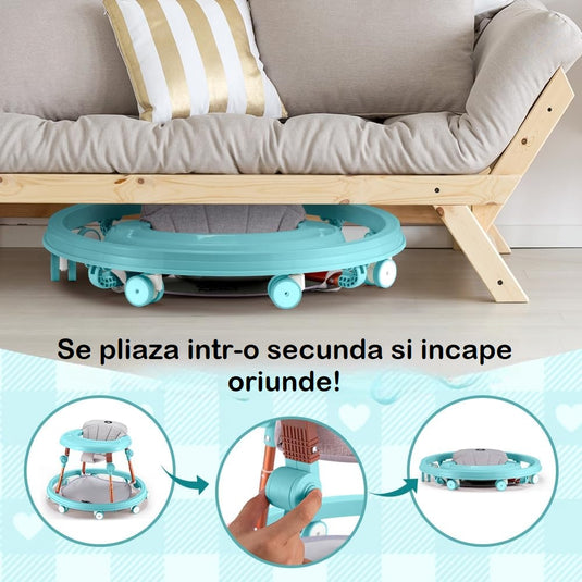 Premergator Multifunctional 3in1 VibeZilla® Scaun de Masa si Jumper, Panou Detasabil Muzical cu Jucarii, Inaltime Reglabila, Pliabil, Perna Moale si Respirabila, Roti Silentioase 360°, Suport Picioare, Design Ranforsat, Anti-Rasturnare, Mint Green