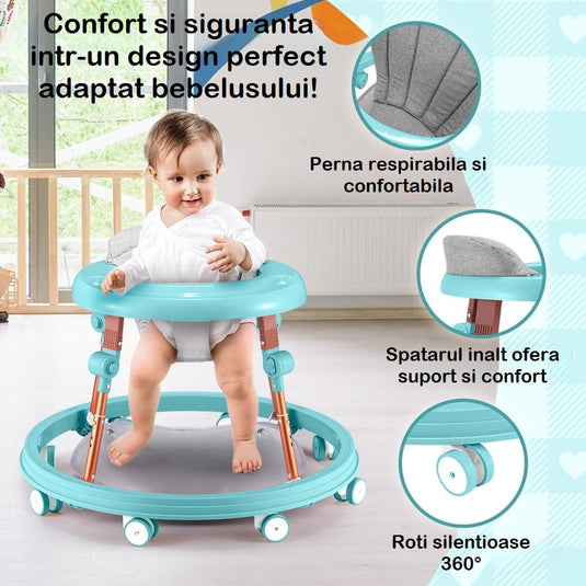 Premergator Multifunctional 3in1 VibeZilla® Scaun de Masa si Jumper, Panou Detasabil Muzical cu Jucarii, Inaltime Reglabila, Pliabil, Perna Moale si Respirabila, Roti Silentioase 360°, Suport Picioare, Design Ranforsat, Anti-Rasturnare, Mint Green