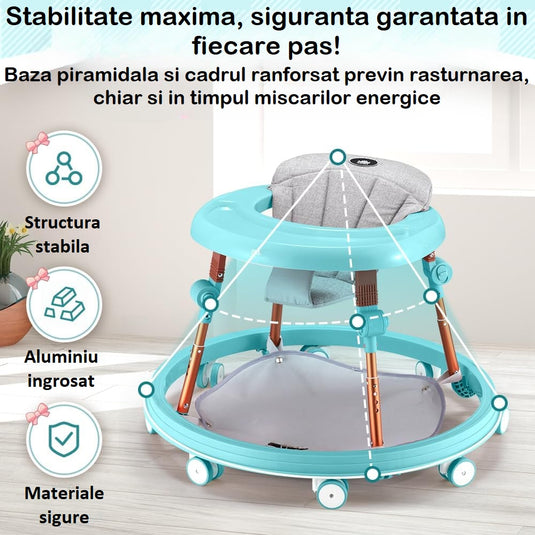 Premergator Multifunctional 3in1 VibeZilla® Scaun de Masa si Jumper, Panou Detasabil Muzical cu Jucarii, Inaltime Reglabila, Pliabil, Perna Moale si Respirabila, Roti Silentioase 360°, Suport Picioare, Design Ranforsat, Anti-Rasturnare, Mint Green