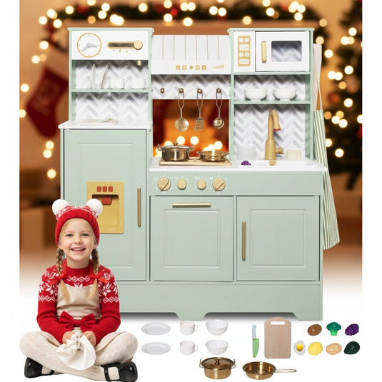 Bucatarie din Lemn pentru Copii GrandeCuisine™ cu Aburi, Lumini LED si Sunete, Aragaz Electric, Robinet cu Apa, Ice Maker Functional, Butoane Rotative, Microunde, Aparat Cafea, Sort si Accesorii Incluse, Elemente Montessori, 92CM, Mint Green