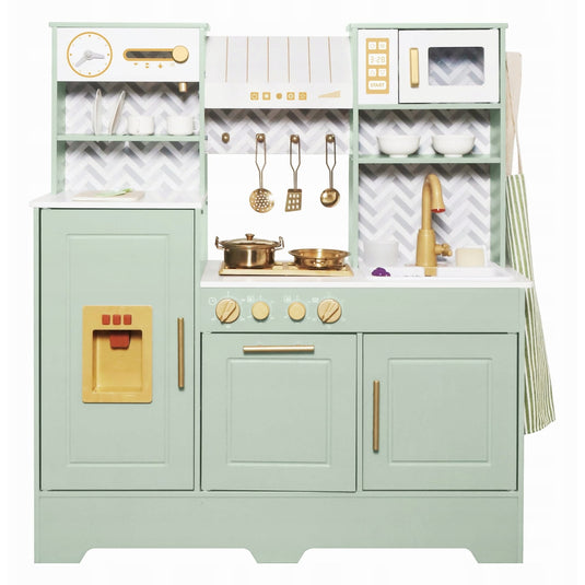 Bucatarie din Lemn pentru Copii GrandeCuisine™ cu Aburi, Lumini LED si Sunete, Aragaz Electric, Robinet cu Apa, Ice Maker Functional, Butoane Rotative, Microunde, Aparat Cafea, Sort si Accesorii Incluse, Elemente Montessori, 92CM, Mint Green