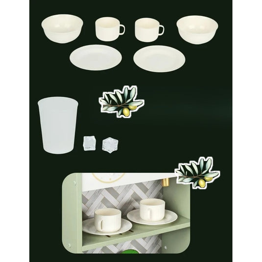 Bucatarie din Lemn pentru Copii GrandeCuisine™ cu Aburi, Lumini LED si Sunete, Aragaz Electric, Robinet cu Apa, Ice Maker Functional, Butoane Rotative, Microunde, Aparat Cafea, Sort si Accesorii Incluse, Elemente Montessori, 92CM, Mint Green