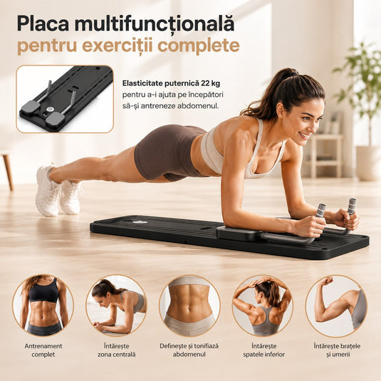 Placa Pilates Reformer Pliabila B-FORM™ 2.0 Auto-Rebound, Platforme Glisante, Benzi de Rezistenta, Cronometru Digital Mobil, Baza Antiderapanta, Manere Flotari, Sistem Multifunctional, Antrenament Full Body, Black