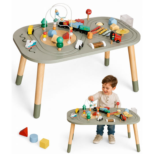 Masuta din Lemn cu Activitati Senzoriale Montessori 10in1 GeniusKiD KinderVibe™ 1 An+, Multifunctionala, Sortator Forme, Labirint Margele, Mini Masini, Tren, Cale ferata, Indicatoare Rutiere, Instrumente Muzicale, Saculet Depozitare, Soft Green