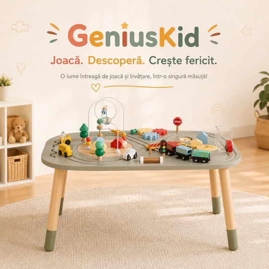 Masuta din Lemn cu Activitati Senzoriale Montessori 10in1 GeniusKiD KinderVibe™ 1 An+, Multifunctionala, Sortator Forme, Labirint Margele, Mini Masini, Tren, Cale ferata, Indicatoare Rutiere, Instrumente Muzicale, Saculet Depozitare, Soft Green