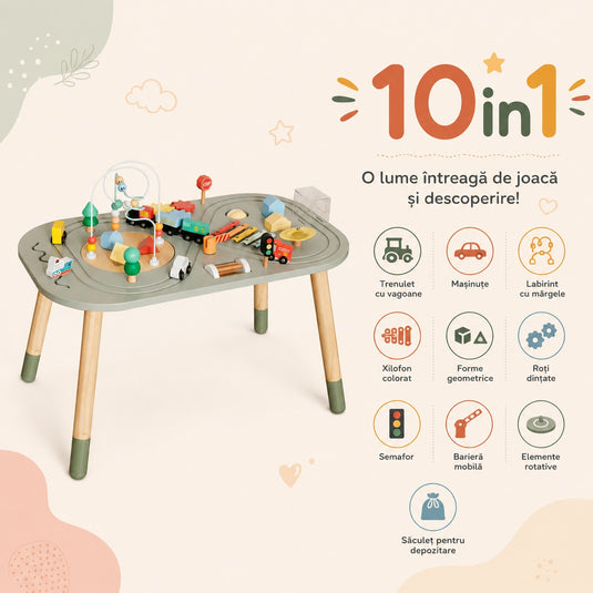 Masuta din Lemn cu Activitati Senzoriale Montessori 10in1 GeniusKiD KinderVibe™ 1 An+, Multifunctionala, Sortator Forme, Labirint Margele, Mini Masini, Tren, Cale ferata, Indicatoare Rutiere, Instrumente Muzicale, Saculet Depozitare, Soft Green