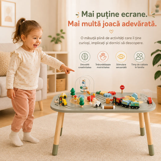 Masuta din Lemn cu Activitati Senzoriale Montessori 10in1 GeniusKiD KinderVibe™ 1 An+, Multifunctionala, Sortator Forme, Labirint Margele, Mini Masini, Tren, Cale ferata, Indicatoare Rutiere, Instrumente Muzicale, Saculet Depozitare, Soft Green