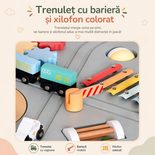 Masuta din Lemn cu Activitati Senzoriale Montessori 10in1 GeniusKiD KinderVibe™ 1 An+, Multifunctionala, Sortator Forme, Labirint Margele, Mini Masini, Tren, Cale ferata, Indicatoare Rutiere, Instrumente Muzicale, Saculet Depozitare, Soft Green