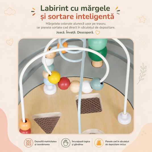 Masuta din Lemn cu Activitati Senzoriale Montessori 10in1 GeniusKiD KinderVibe™ 1 An+, Multifunctionala, Sortator Forme, Labirint Margele, Mini Masini, Tren, Cale ferata, Indicatoare Rutiere, Instrumente Muzicale, Saculet Depozitare, Soft Green