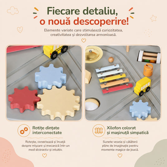 Masuta din Lemn cu Activitati Senzoriale Montessori 10in1 GeniusKiD KinderVibe™ 1 An+, Multifunctionala, Sortator Forme, Labirint Margele, Mini Masini, Tren, Cale ferata, Indicatoare Rutiere, Instrumente Muzicale, Saculet Depozitare, Soft Green