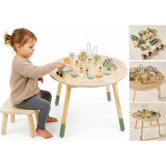 Masuta din Lemn cu Activitati Senzoriale Montessori 10in1 GeniusKiD KinderVibe™ 1 An+, Multifunctionala, Sortator Forme, Labirint Margele, Mini Masini, Tren, Cale ferata, Indicatoare Rutiere, Instrumente Muzicale, Saculet Depozitare, Soft Green