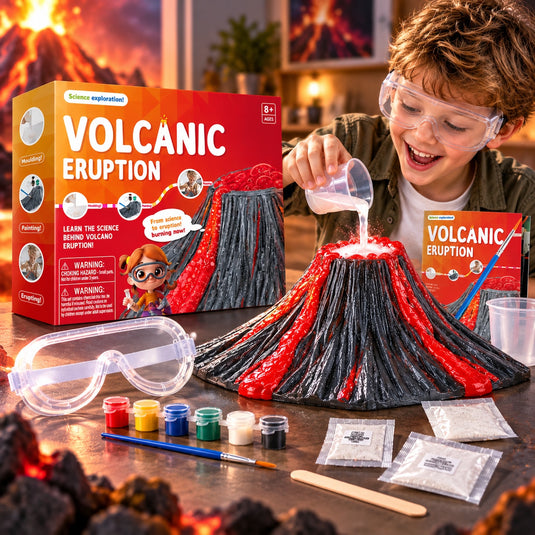Kit Creativ STEM pentru Experimente Vulcanice CrazyVolcano™ Construieste, Picteaza si Activeaza, Ochelari de Protectie, 6 Culori, Pensula, Recipient de Masurare, Ingrediente pentru Eruptie, Ghid Ilustrat, Educational si Interactiv, 8+ Ani